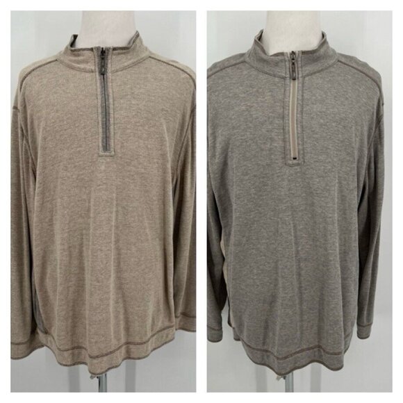 Tommy Bahama Reversible Mens Pullover 1/4 Zip Sweater XL Extra Large Beige & Gra - Picture 1 of 10
